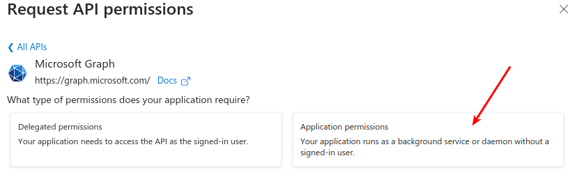 Permission type selection showing Application permissions option
