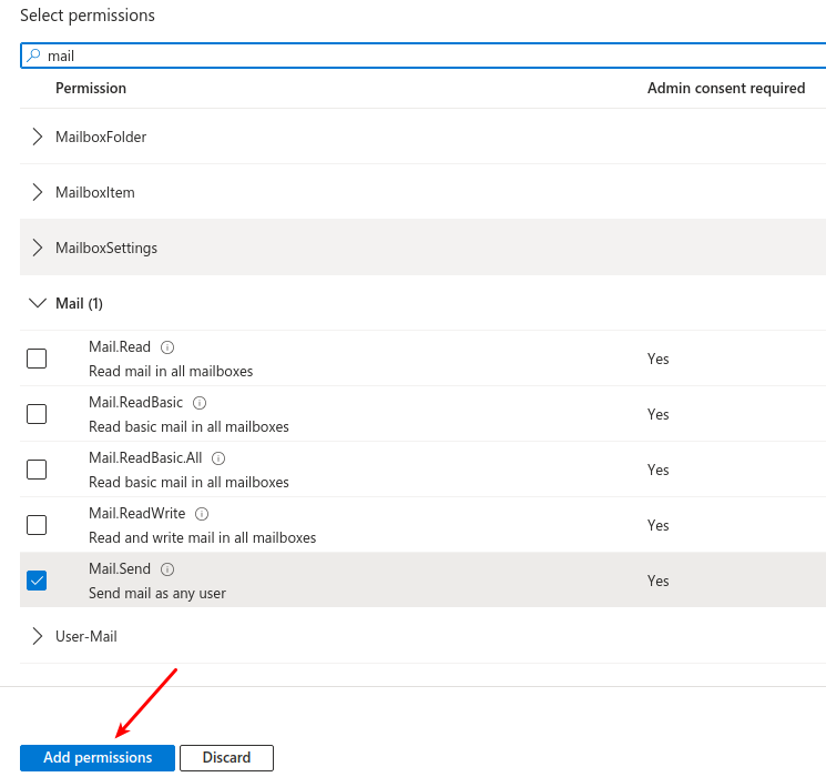 Microsoft Graph permissions list with Mail.Send permission highlighted