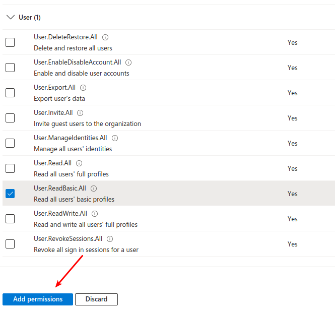 Microsoft Graph permissions list with User.ReadBasic.All permission highlighted