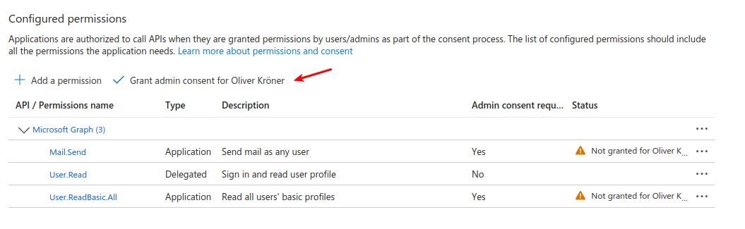 API permissions page with Grant admin consent button