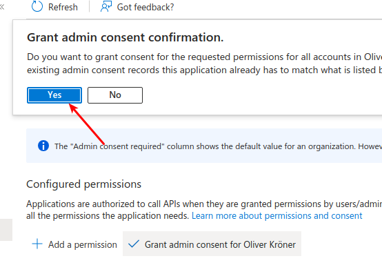 Admin consent confirmation dialog for granted permissions