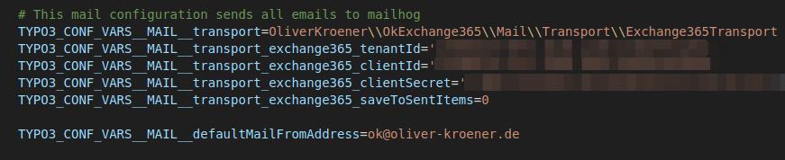 TYPO3 configuration showing Exchange365 transport variables setup