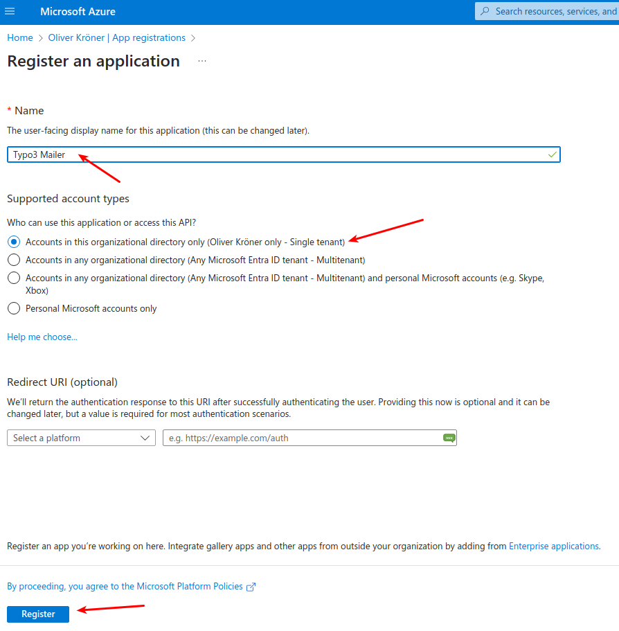 Application registration form with redirect URI section