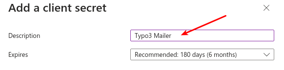 Add client secret dialog with description and expiration settings