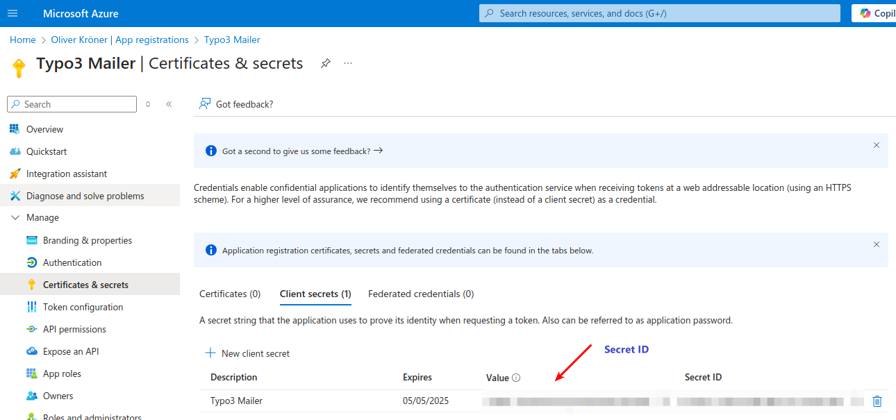 Client secret value display with copy button (value visible only once)