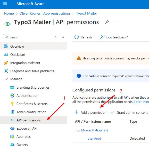 API permissions page with Add a permission button
