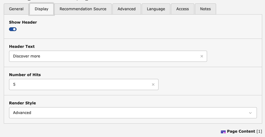 The Rek.ai Recommendations content element in the backend form