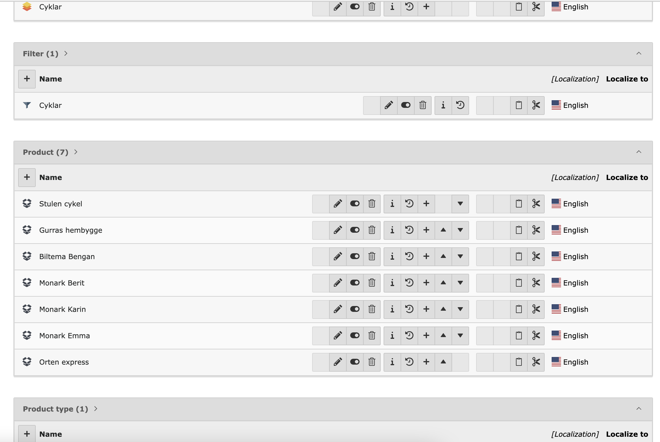 Screenshot of product records in the TYPO3 backend.
