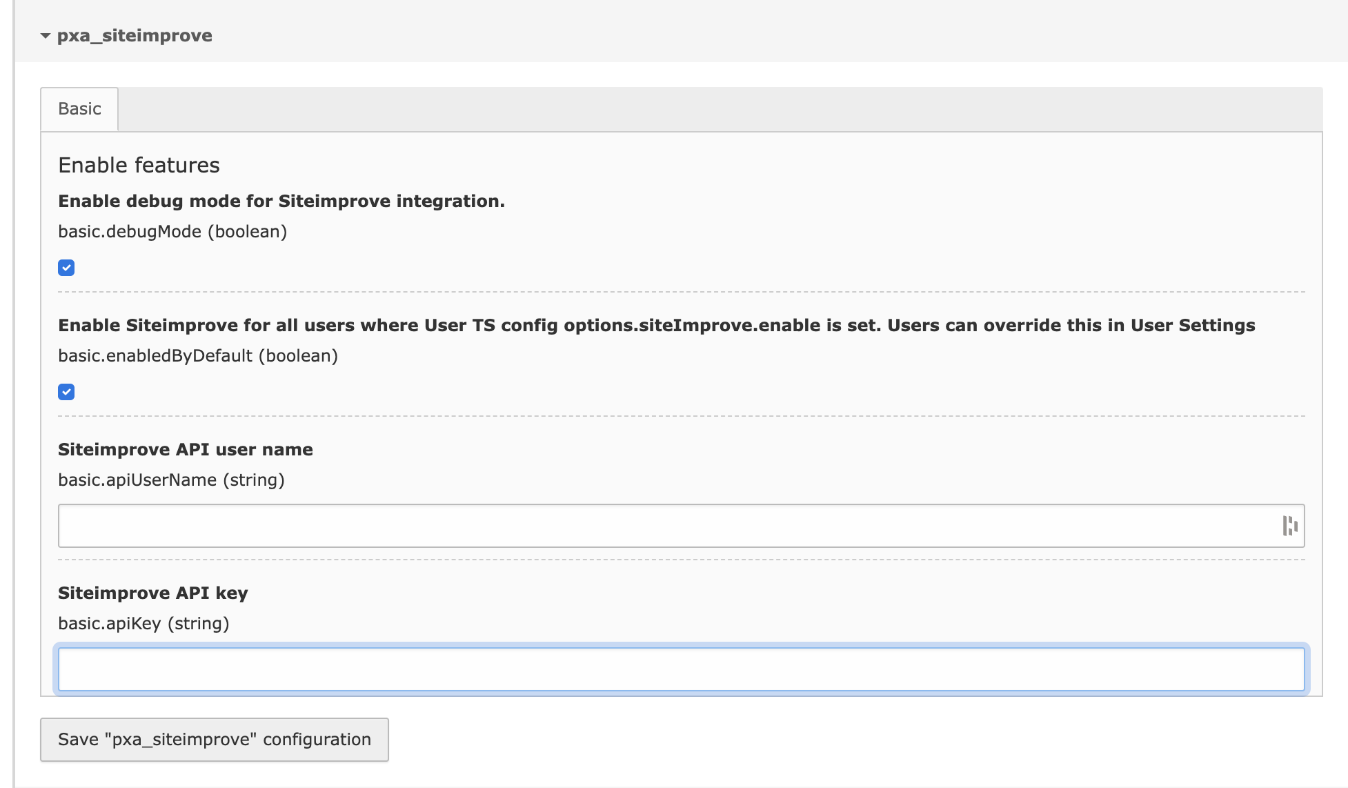 The extension configuration options for the Siteimprove extension.