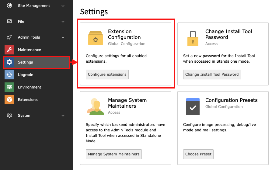Finding the Extension Configuration within the Settings module.