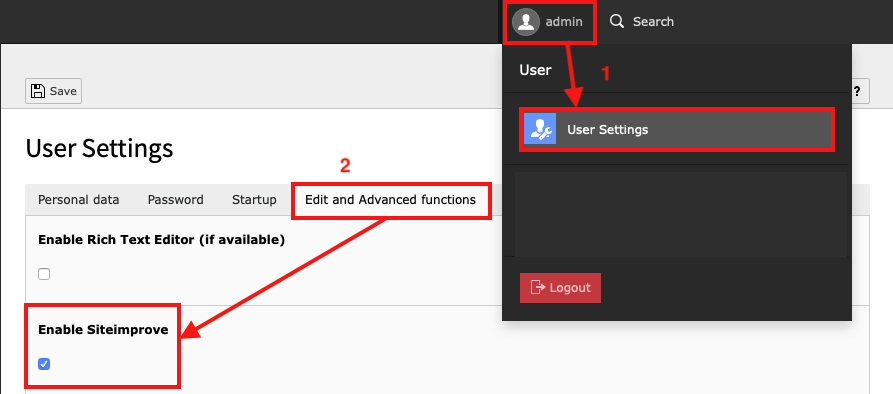 Finding Siteimprove in the User Settings