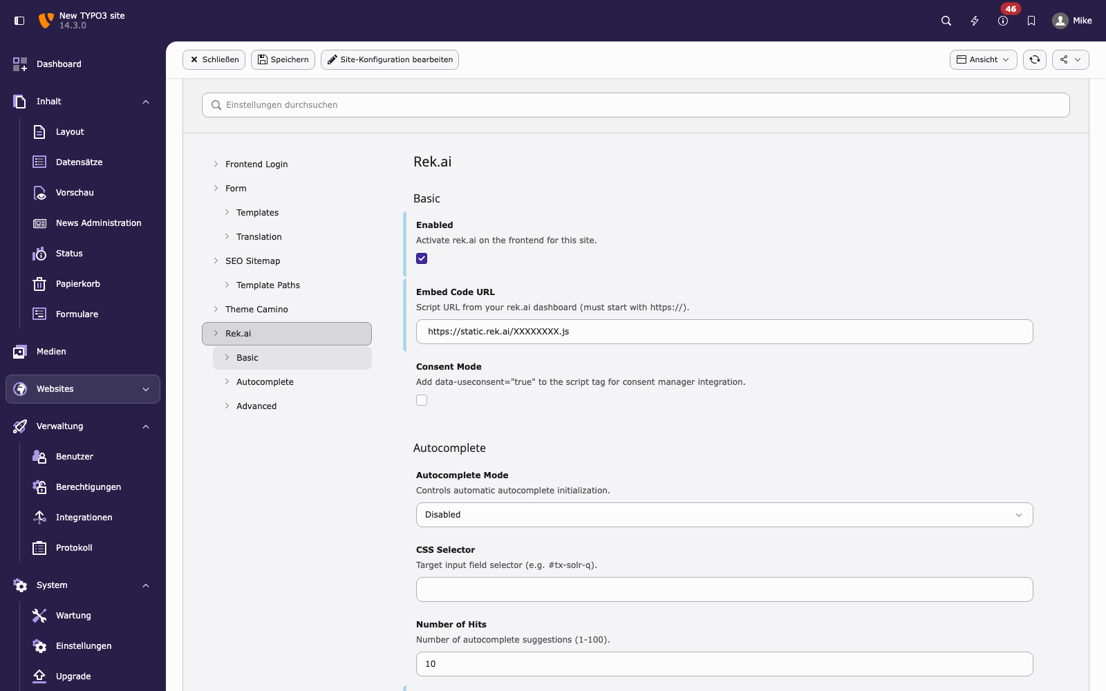 Settings editor with the Rek.ai section expanded