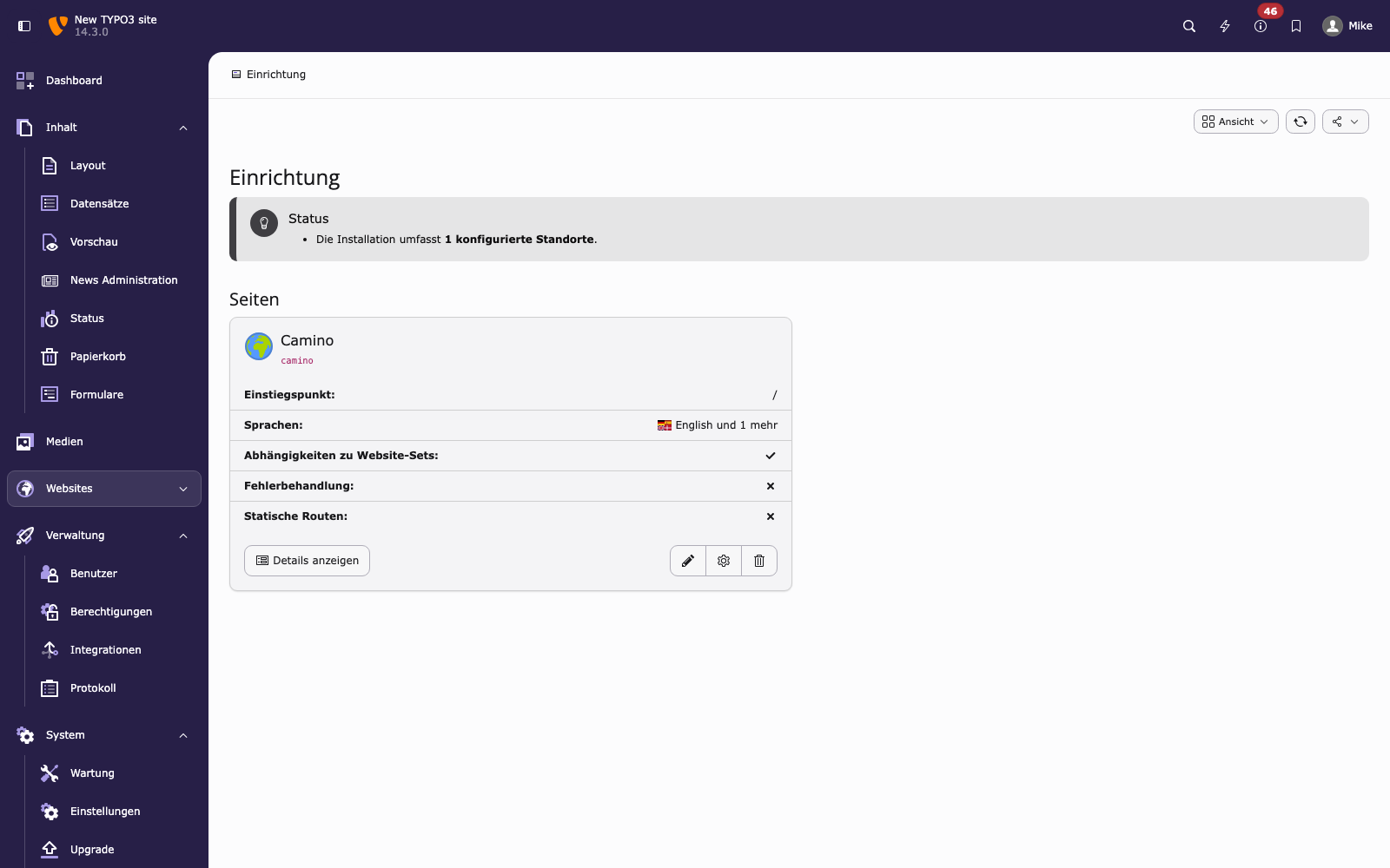 Site Management — overview with action icons per site