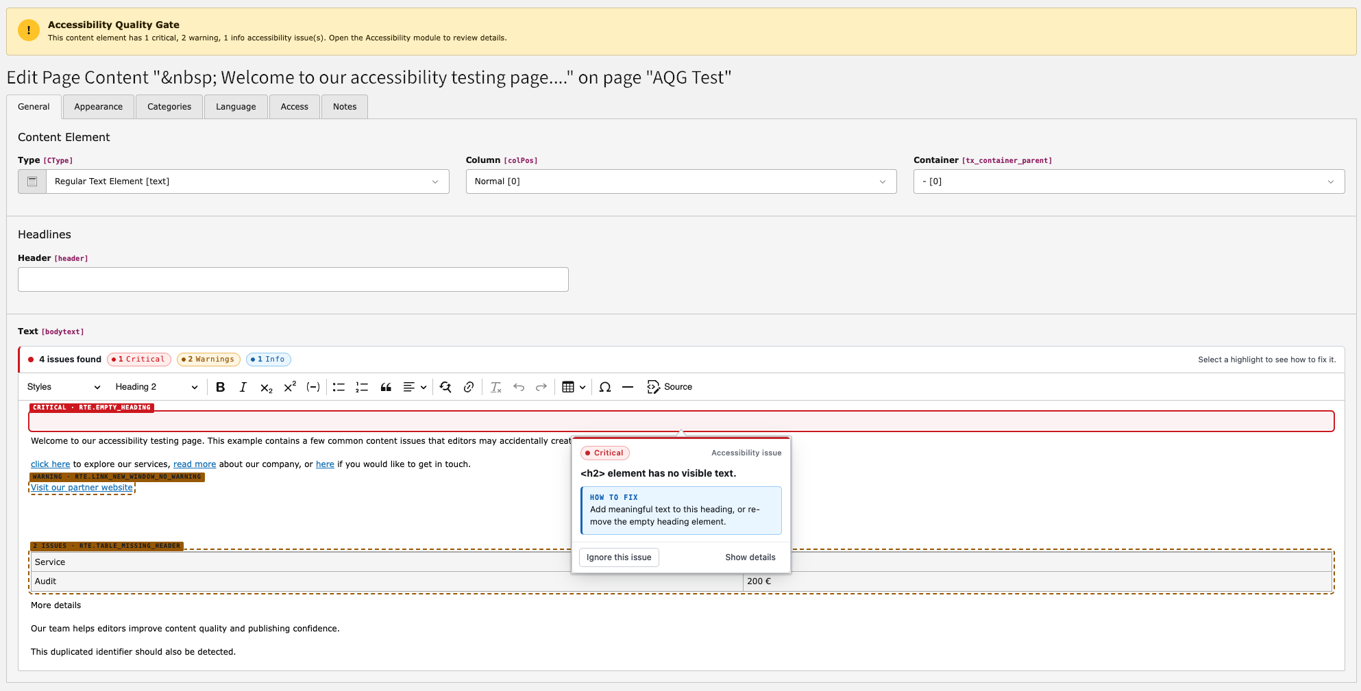 A CKEditor text area in which an image without alternative text and a link with non-descriptive text are marked with a coloured underline.