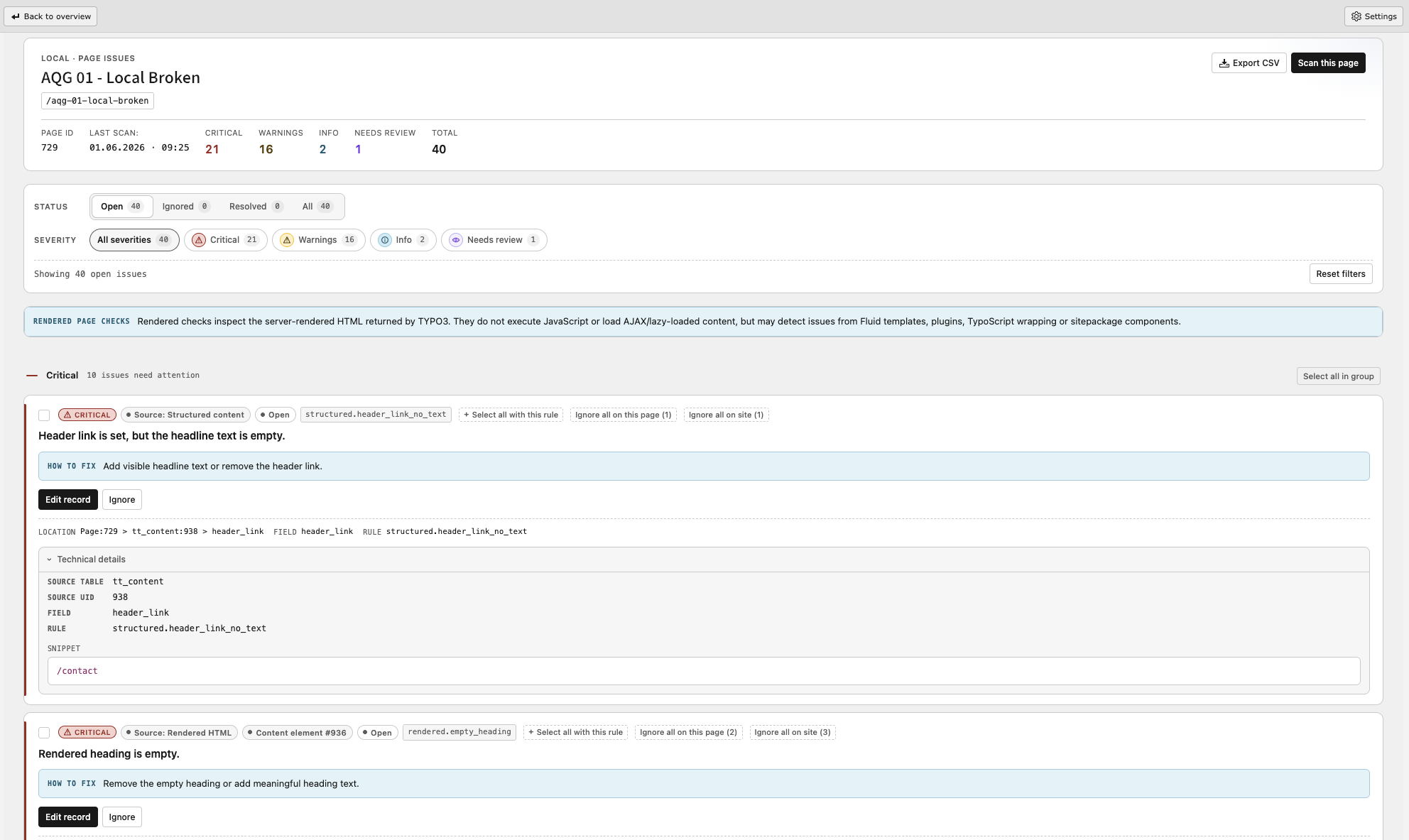 The AQG page detail view listing findings of a single page with severity badges, rule names and actions per finding.