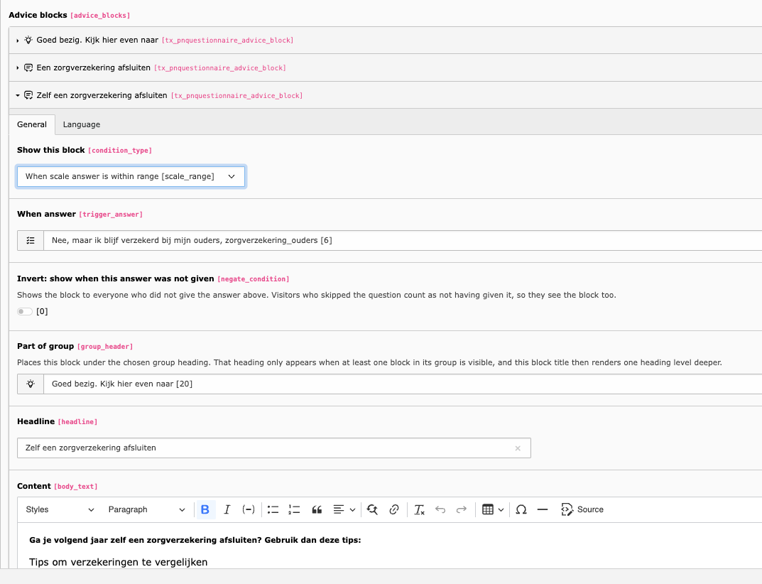 An advice block record with a scale range condition, an invert checkbox, a group heading reference, a headline and rich text content