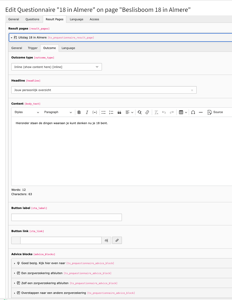 The Result Pages tab with a result page record: outcome type inline, headline, content, button fields and a list of advice blocks