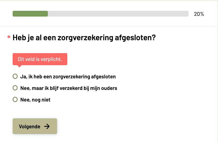 A questionnaire step with a progress bar at 20 percent, a required-field message and three radio options