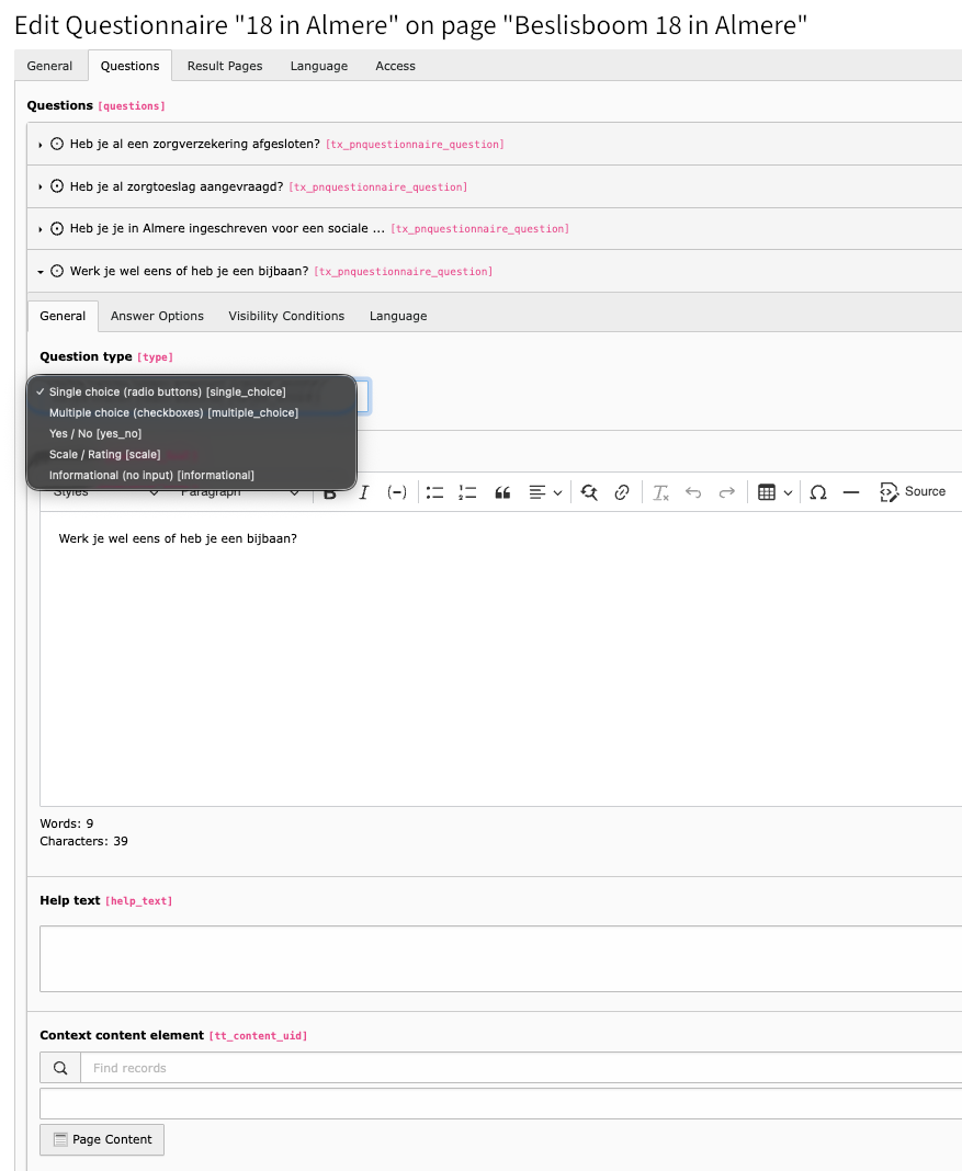 The Questions tab of a questionnaire record with the question type dropdown open, showing five types