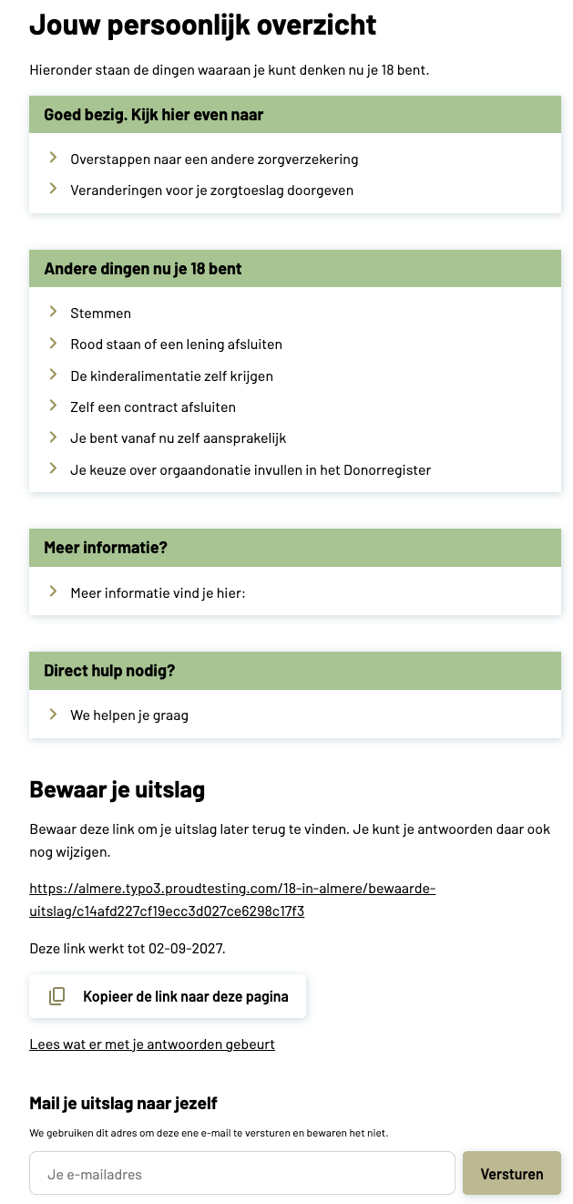 A result page with grouped advice blocks, a retrieval link with copy button and a mail-to-self form