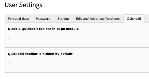 The available user settings for Quickedit toolbar.