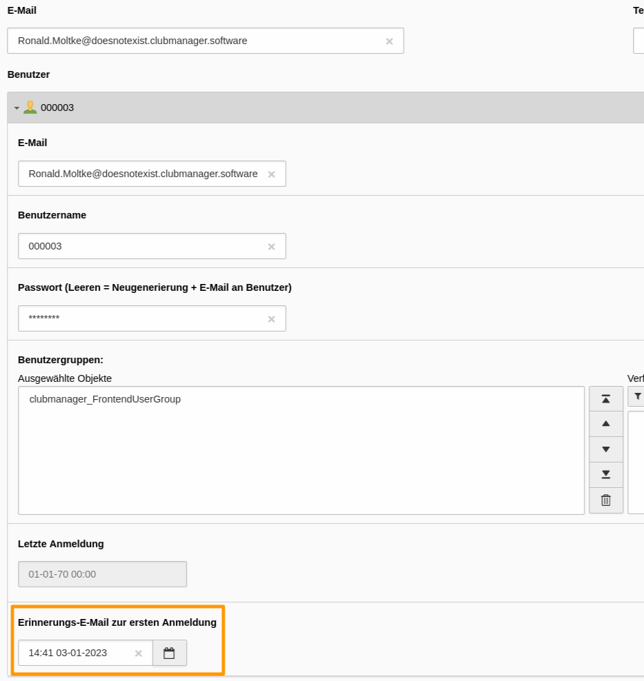 Timestamp for last reminder email for the first registration in frontend-user data