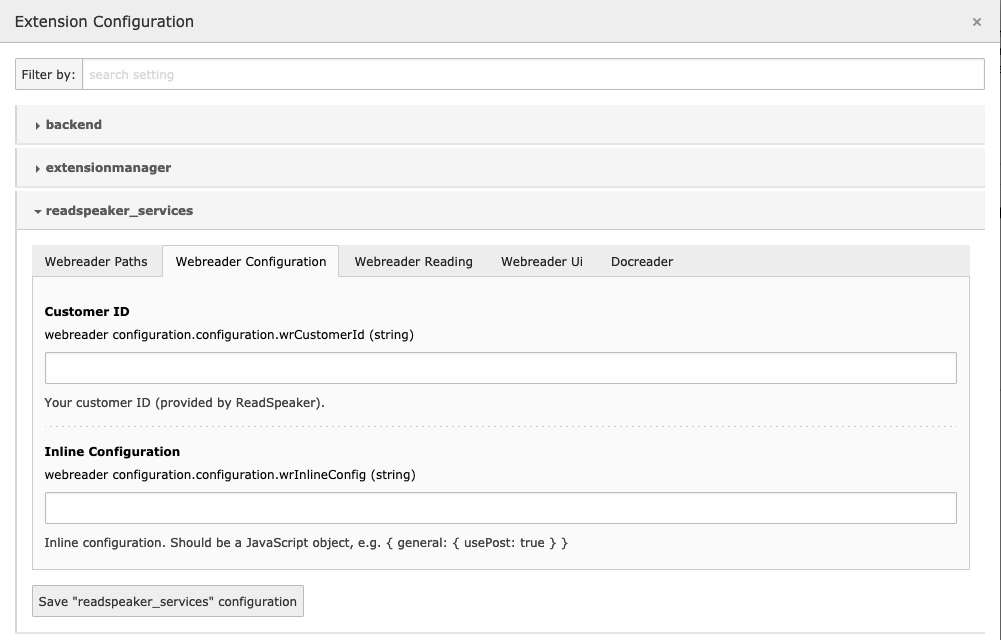 The Webreader Configuration tab