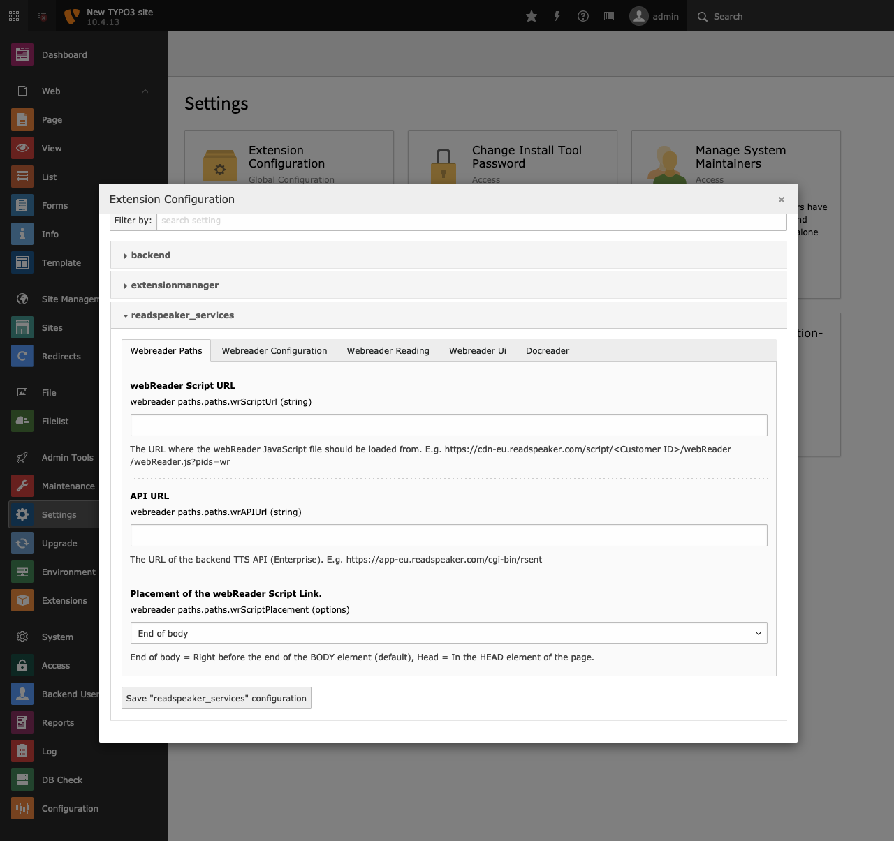 The extension configuration panel