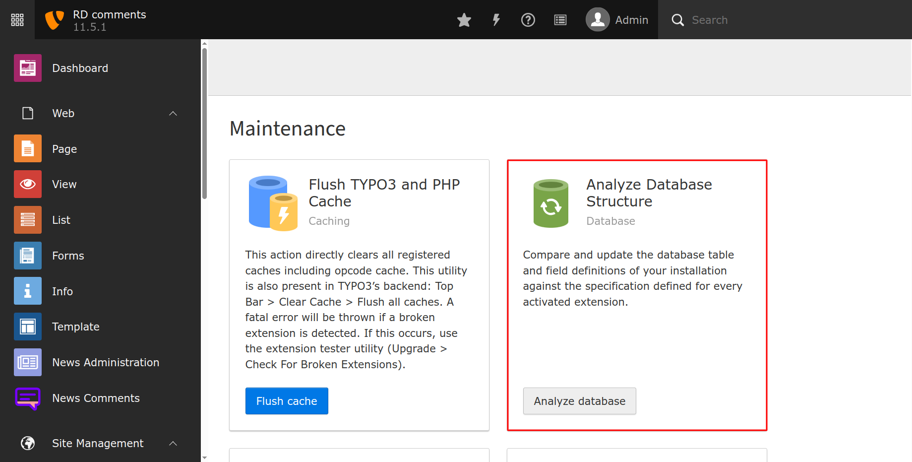 TYPO3 Analyze Database screen