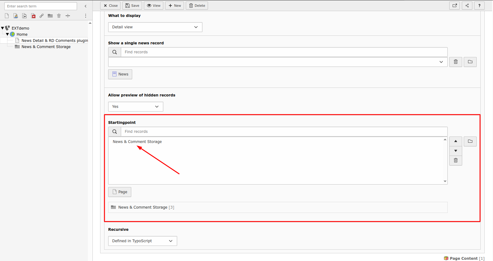 Set the News Storage Page UID
