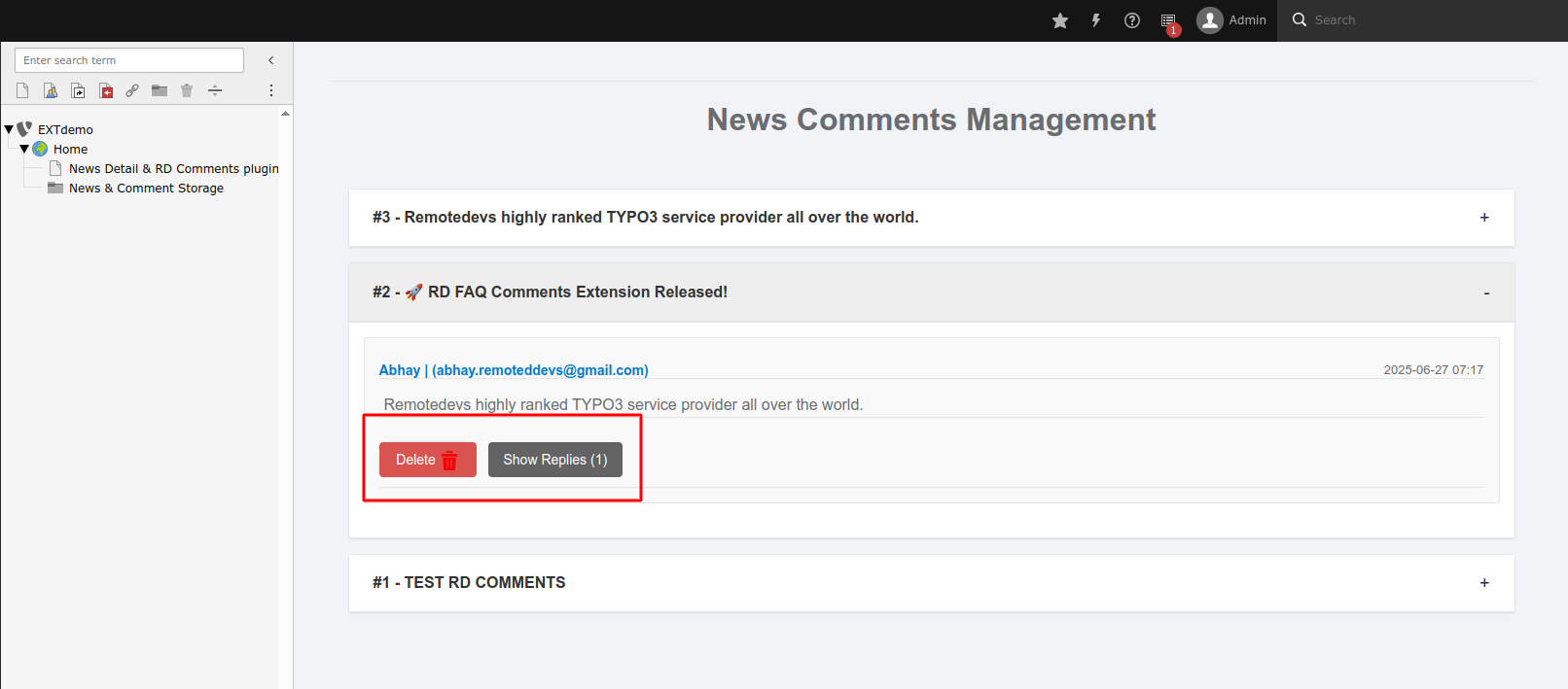 Action buttons in RD Comments backend