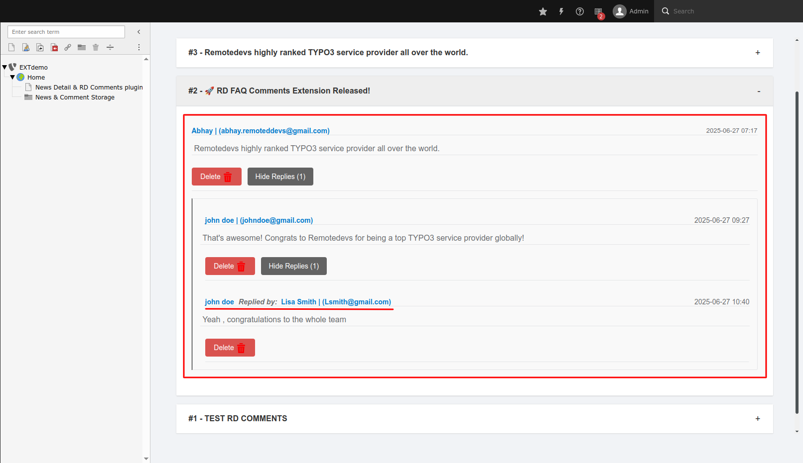 Example of threaded comment structure in RD Comments module