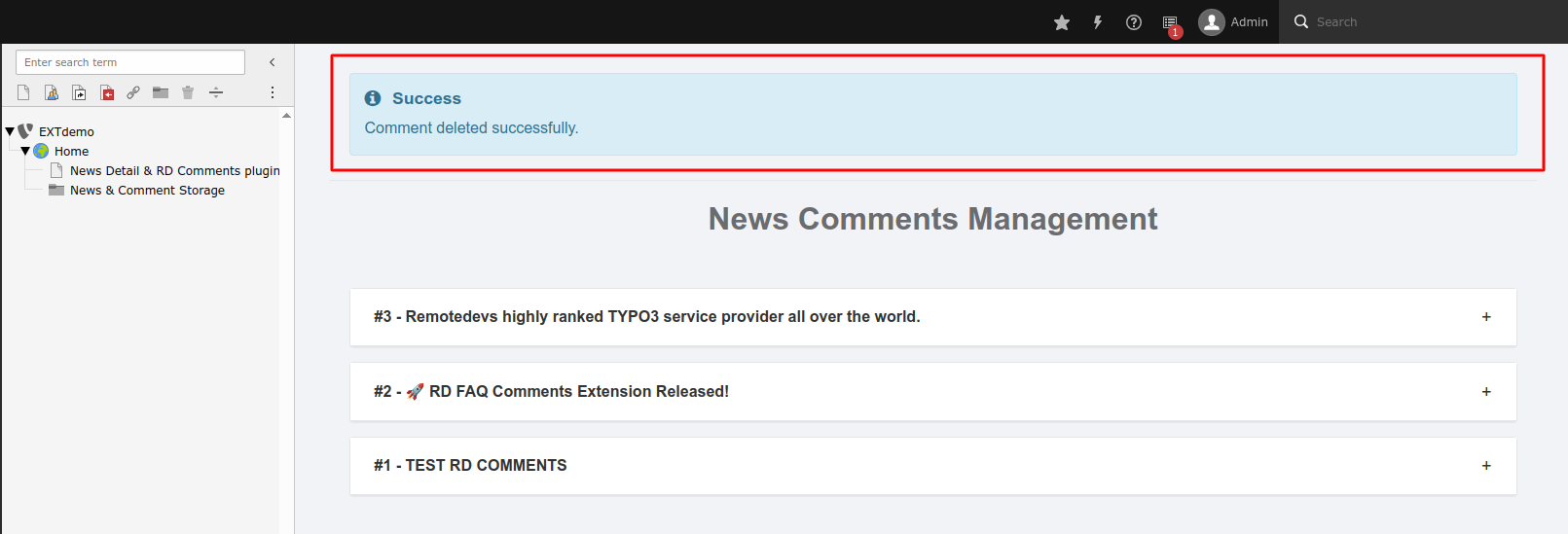 Flash message shown after successful comment deletion