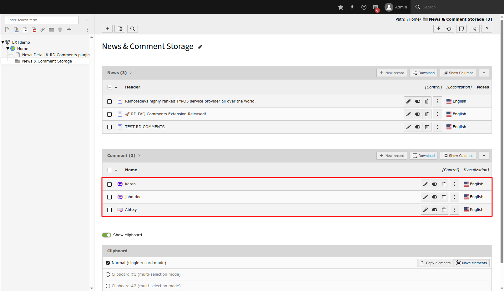 Comment records shown in the TYPO3 List module with visibility toggle