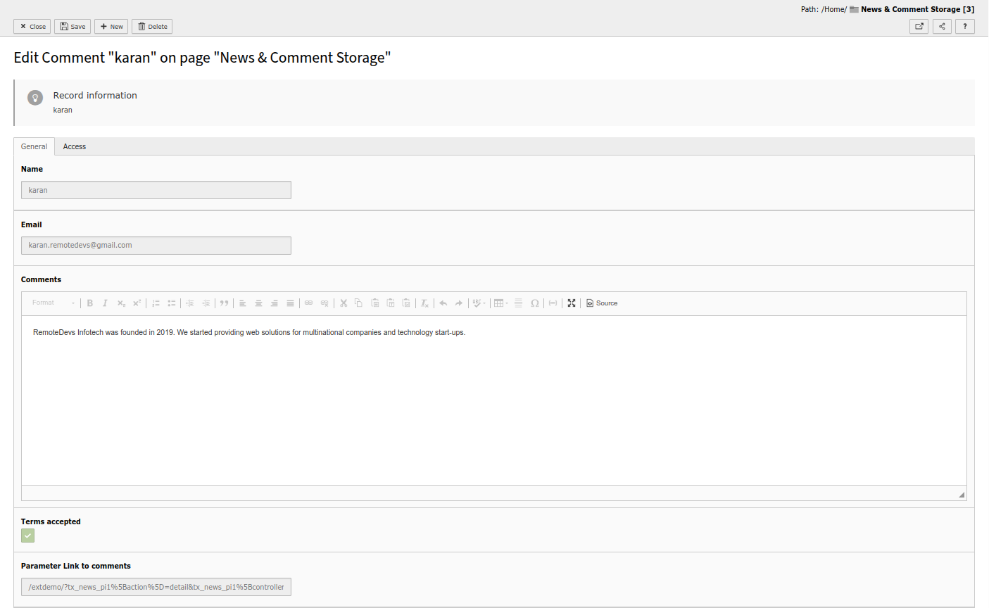 The List module view for RD Comments showing comment details