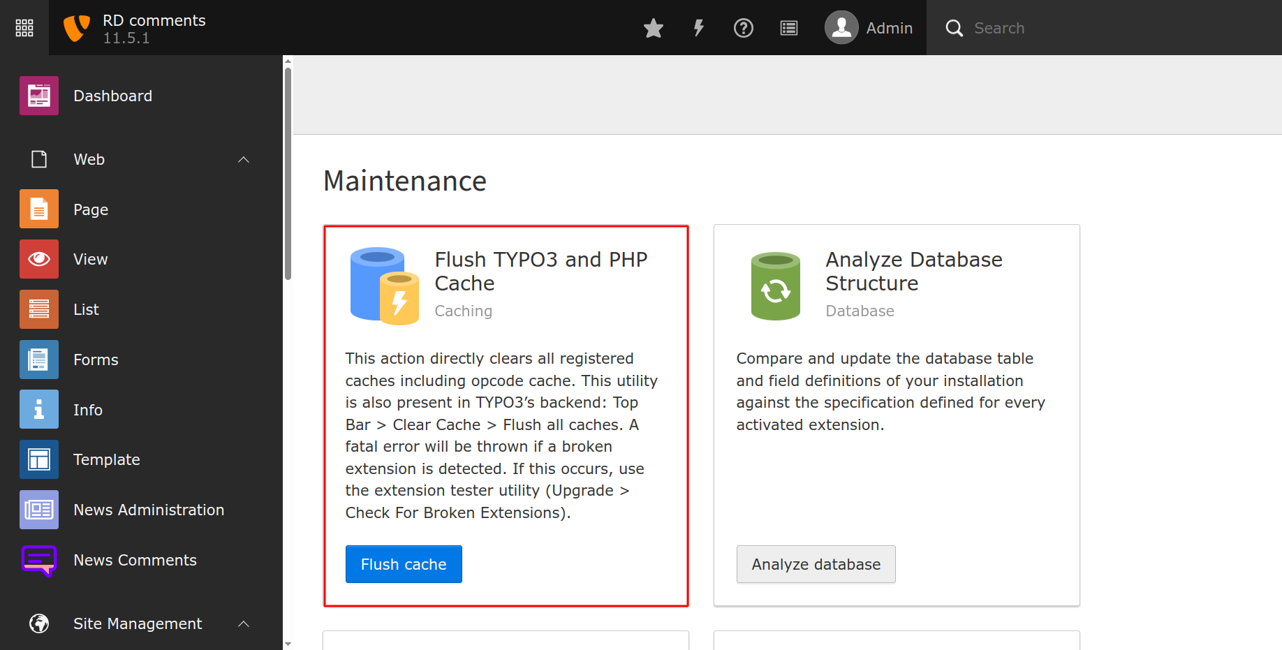 TYPO3 Flush Cache screen