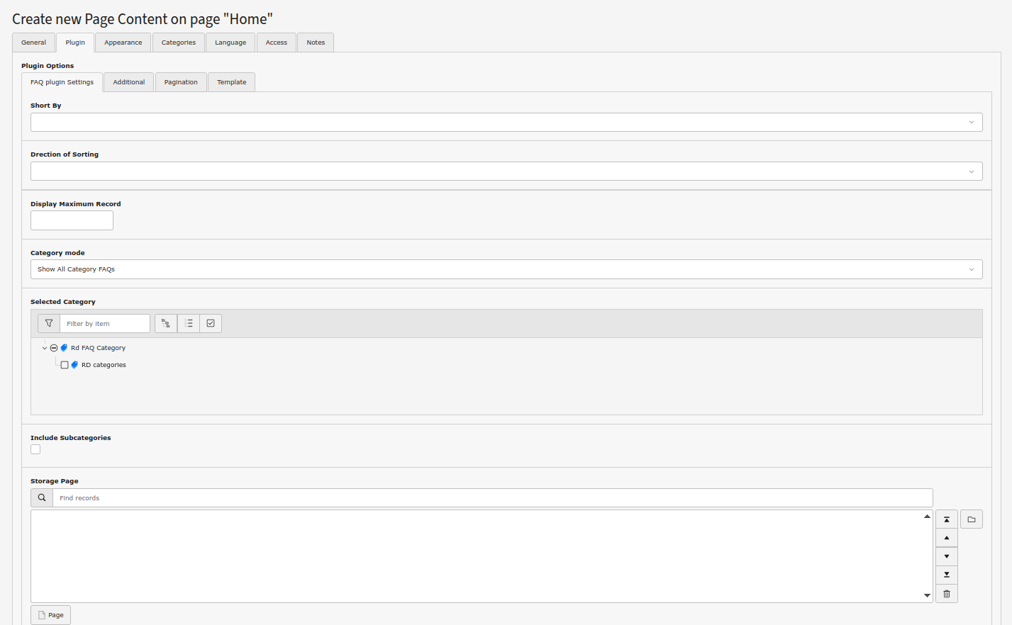 Selecting FAQ Plugin in backend