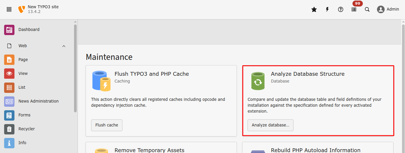 Analyze database in TYPO3