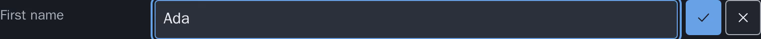 The field "First name" switched into a text control holding "Ada", with an "Apply" and a "Cancel" button to its right. Dark scheme.