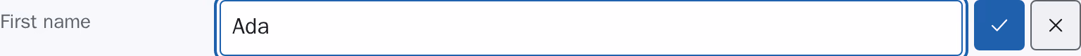 The field "First name" switched into a text control holding "Ada", with an "Apply" and a "Cancel" button to its right. Light scheme.