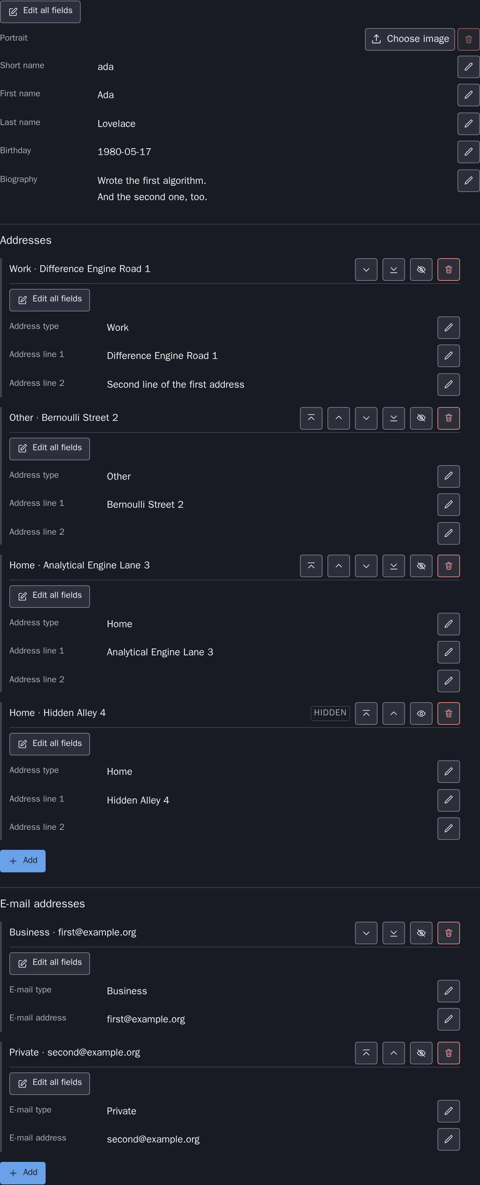 The editing surface at rest: an "Edit all fields" button, the portrait with a file control and a disabled "Remove" button, the five profile fields each with their value and an "Edit" button, then the addresses and e-mail addresses, each record with its own buttons and each section ending in an empty form with an "Add" button. Dark scheme.