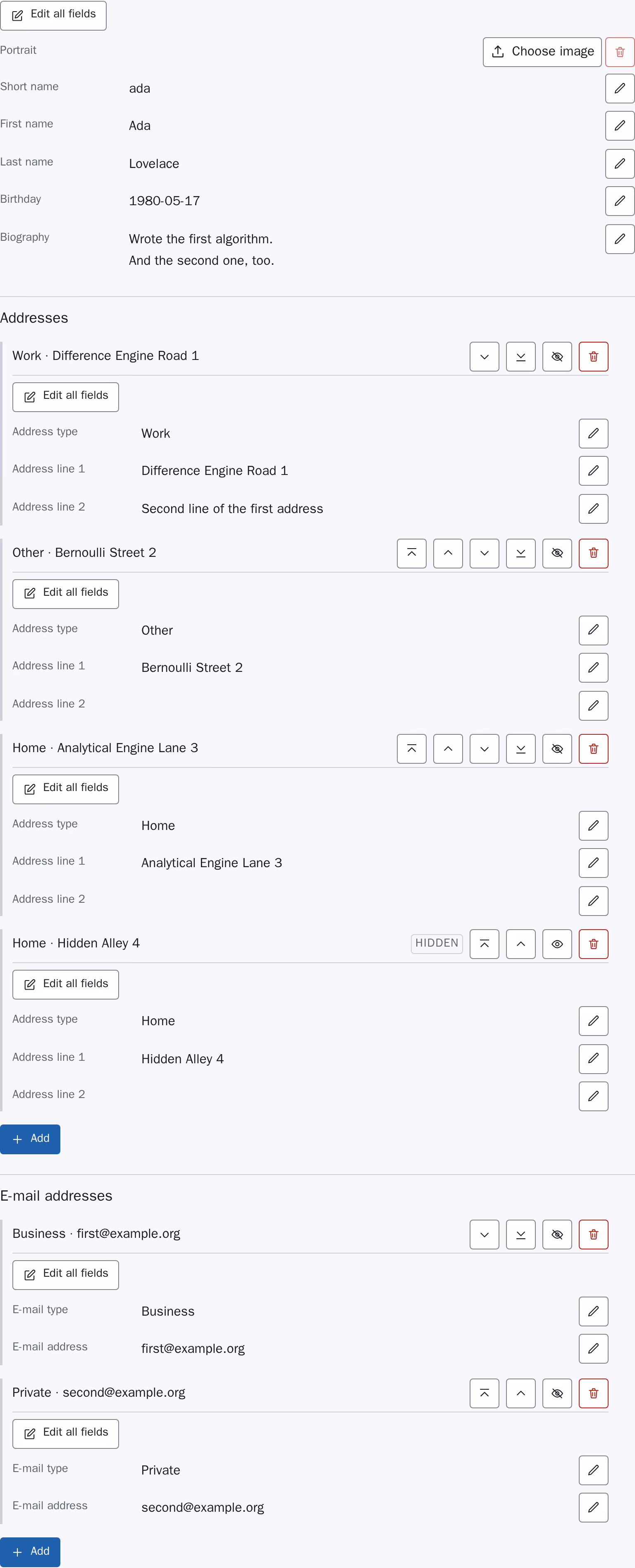 The editing surface at rest: an "Edit all fields" button, the portrait with a file control and a disabled "Remove" button, the five profile fields each with their value and an "Edit" button, then the addresses and e-mail addresses, each record with its own buttons and each section ending in an empty form with an "Add" button. Light scheme.