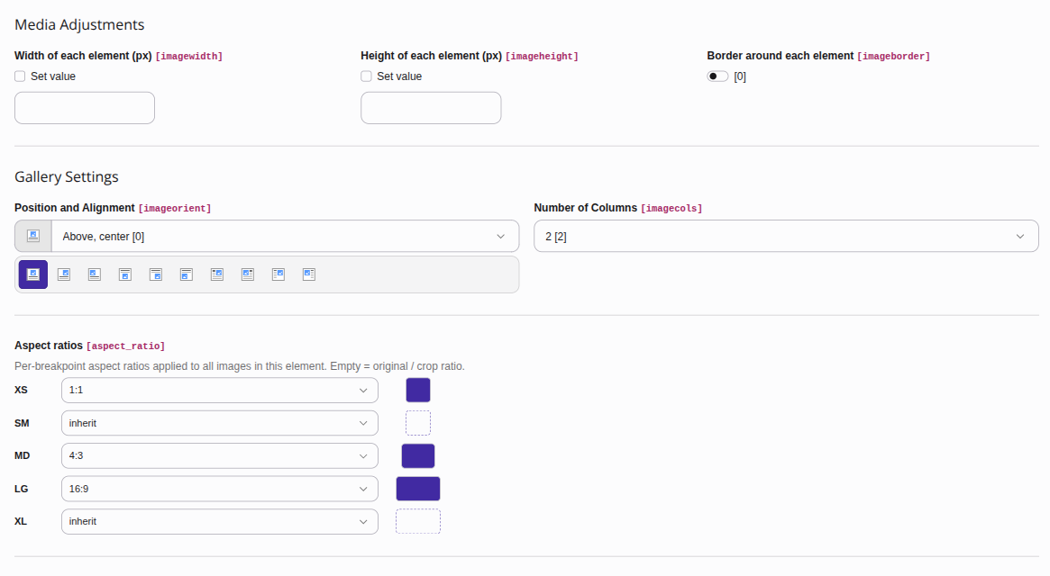 The Aspect ratios field in a content element's Media Adjustments palette