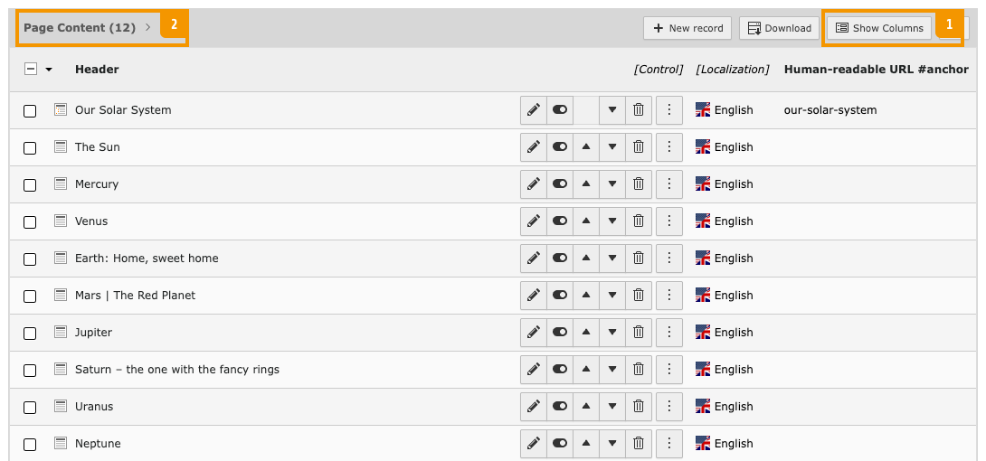 Screenshot demonstrating the location of the "Show columns" Button in the TYPO3 List module