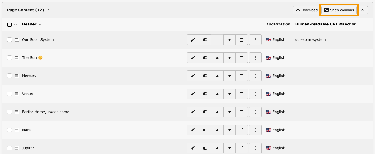 Screenshot demonstrating the location of the "Show columns" Button in the TYPO3 List module