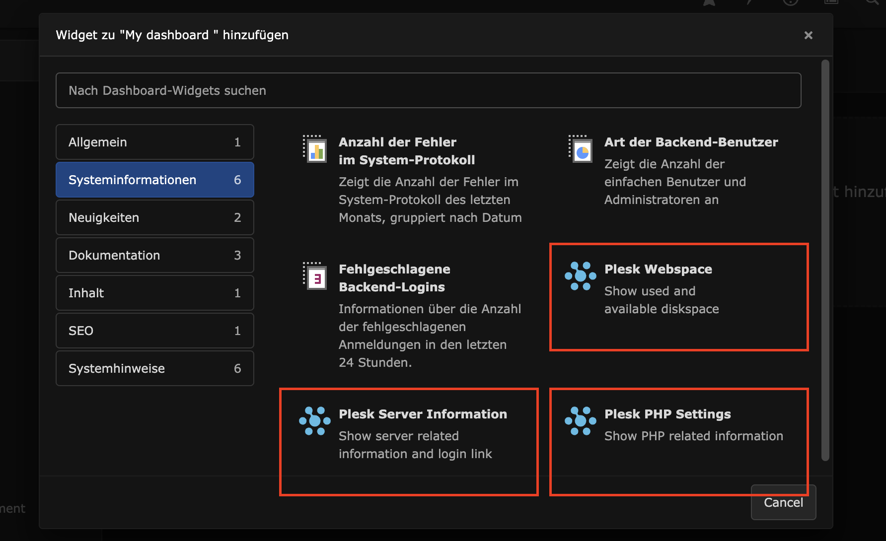 Shows some panels with selectable widgets. Plesk widgets are highlighted