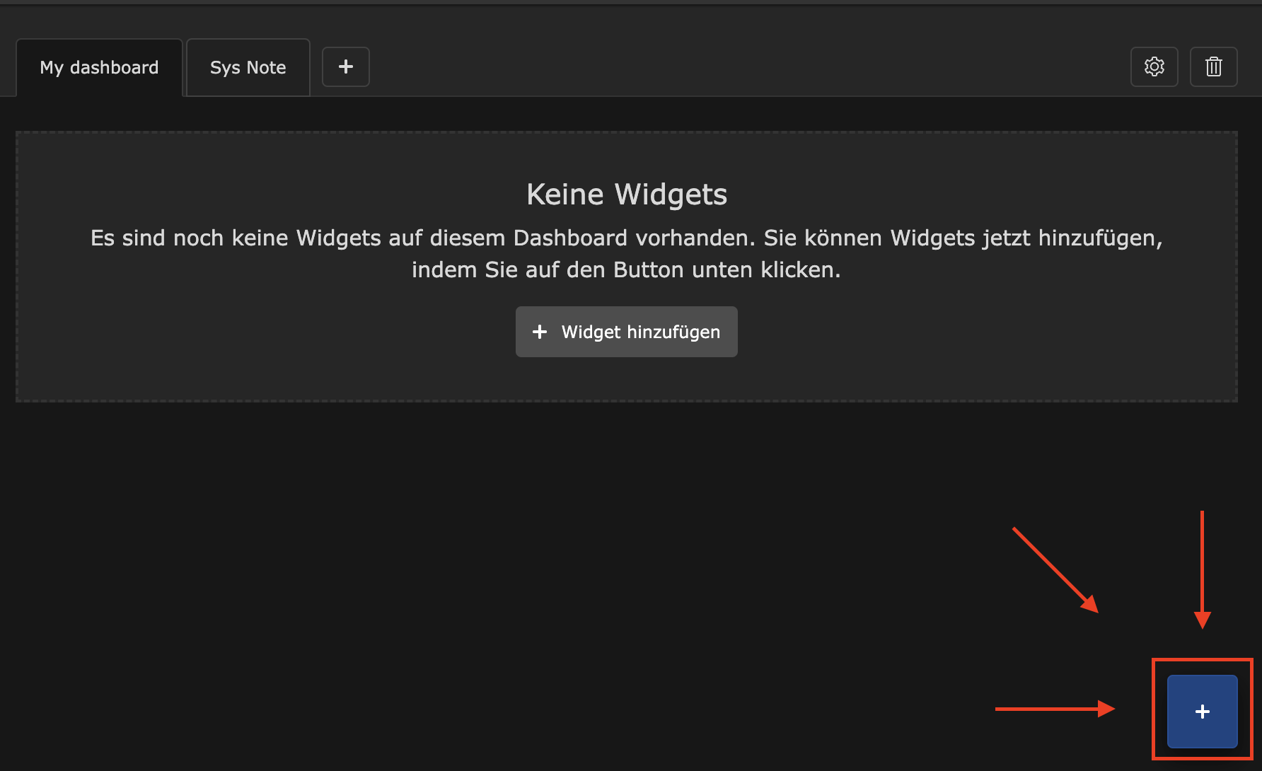 Shows an empty dashboard with the add-button at lower right