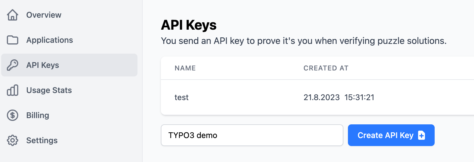 Creation of an API Key