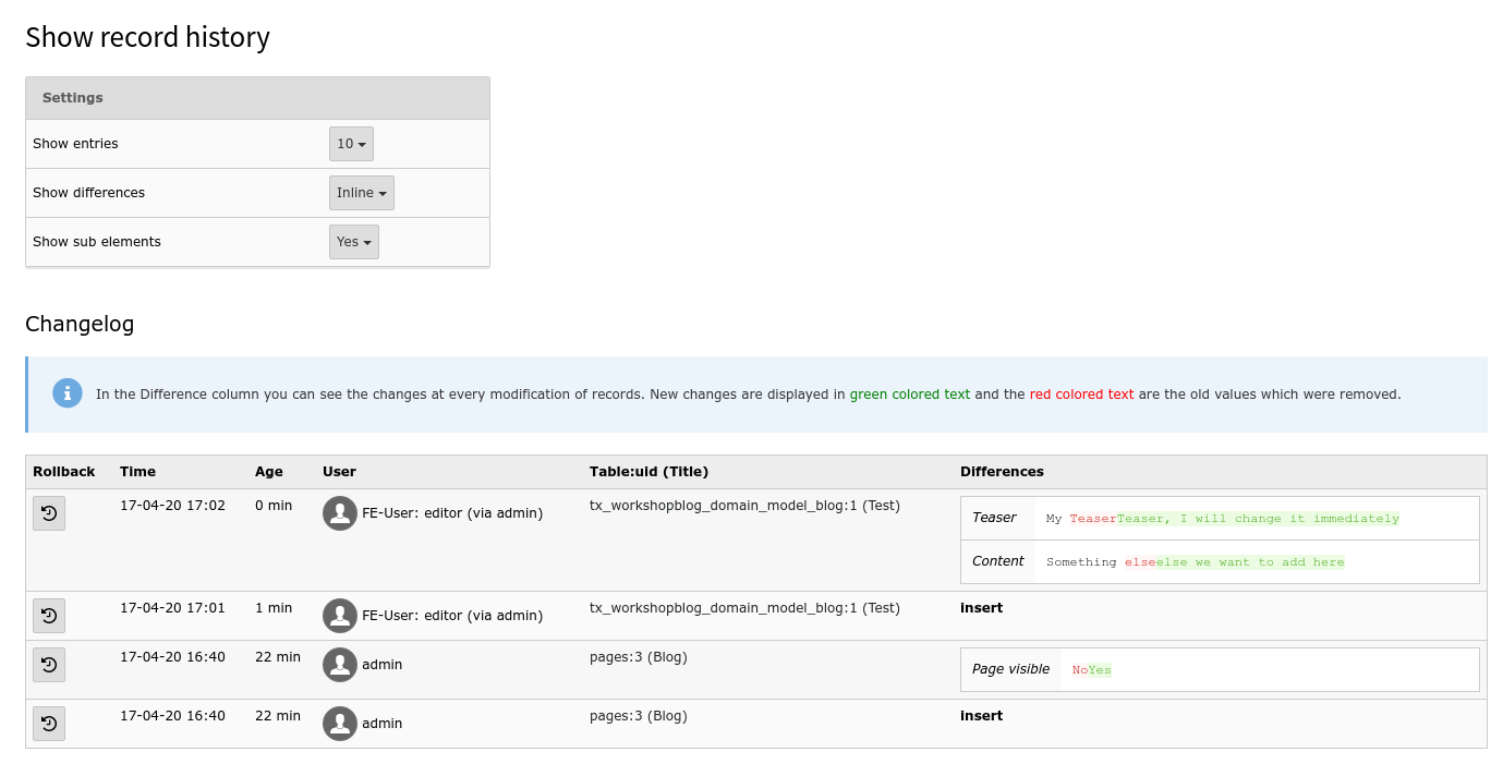 View of history module in TYPO3 Backend