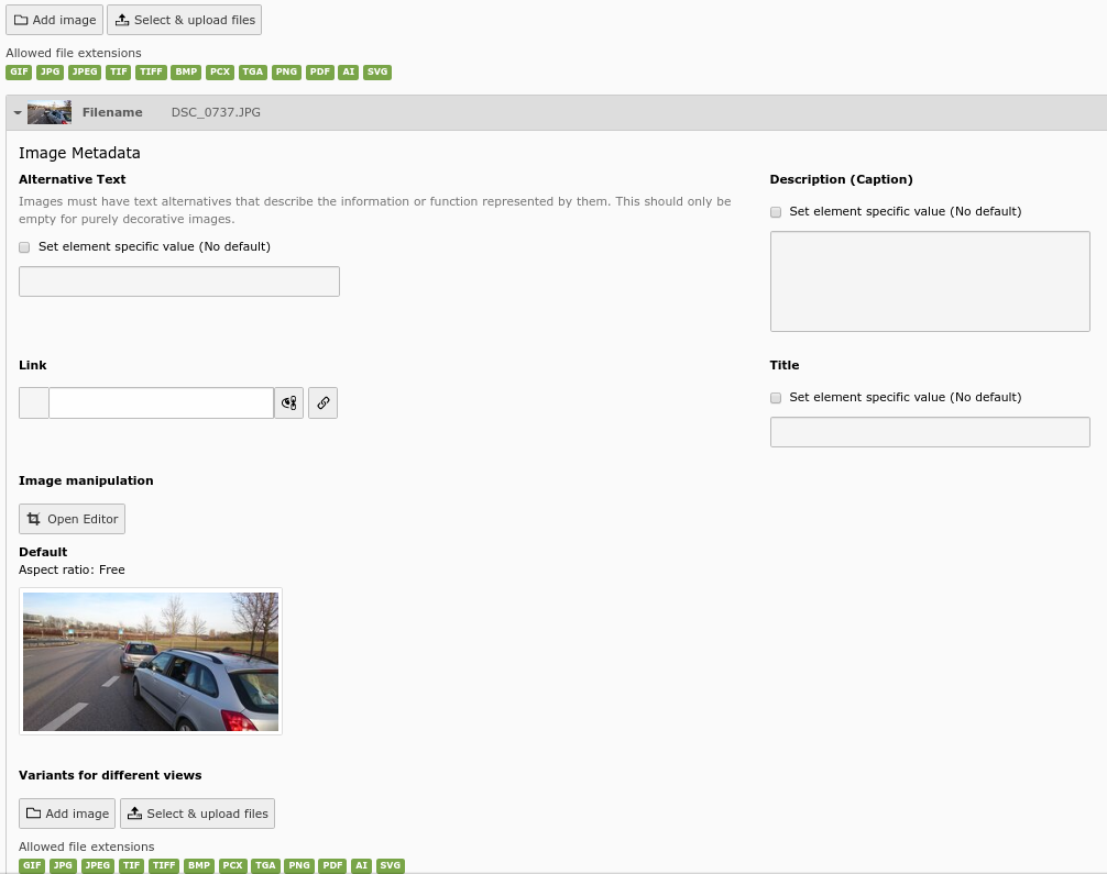 Normal view of image backend with new button
